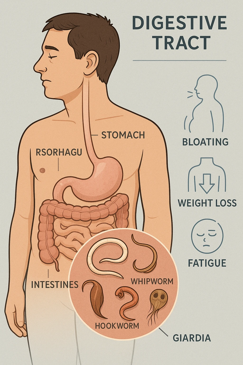 a man stands in profile, with a transparent overlay revealing his digestive tract. Inside his intestines, several enlarged, detailed representations of intestinal parasites are visible. Around the man, subtle arrows or icons indicate symptoms such as bloating, weight gain, and fatigue. The background is clinical and educational, with clear labels for anatomy and parasites. emoji