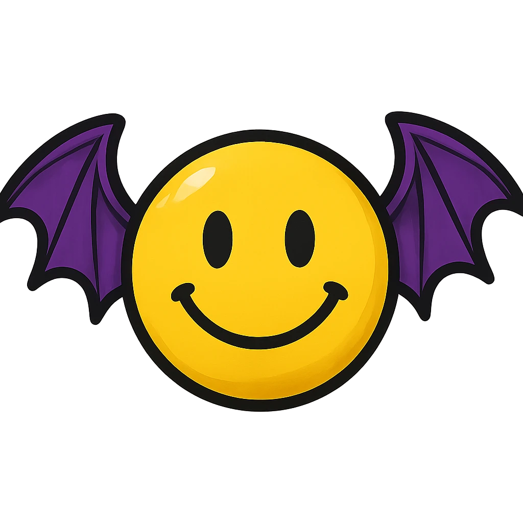 yellow face with purple bat wings, digital illustration emoji