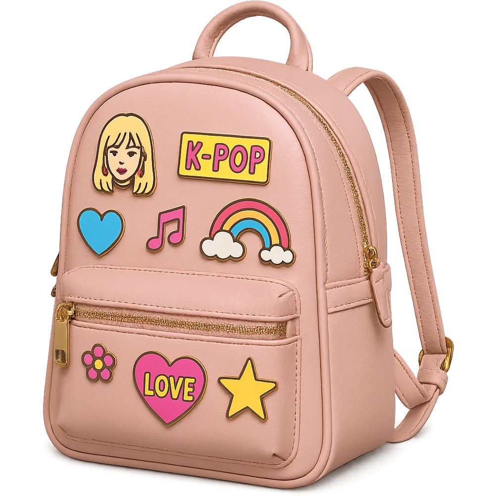 pink kpop idol backpack with pins, stylish emoji