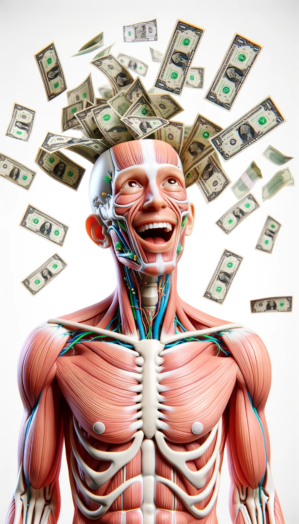 corpo umano anatomico sereno e felice con banconote sparse appiccicate sul corpo, colori realistici del corpo, espressione stupita, iperrealistica 4k, isolato su sfondo bianco emoji