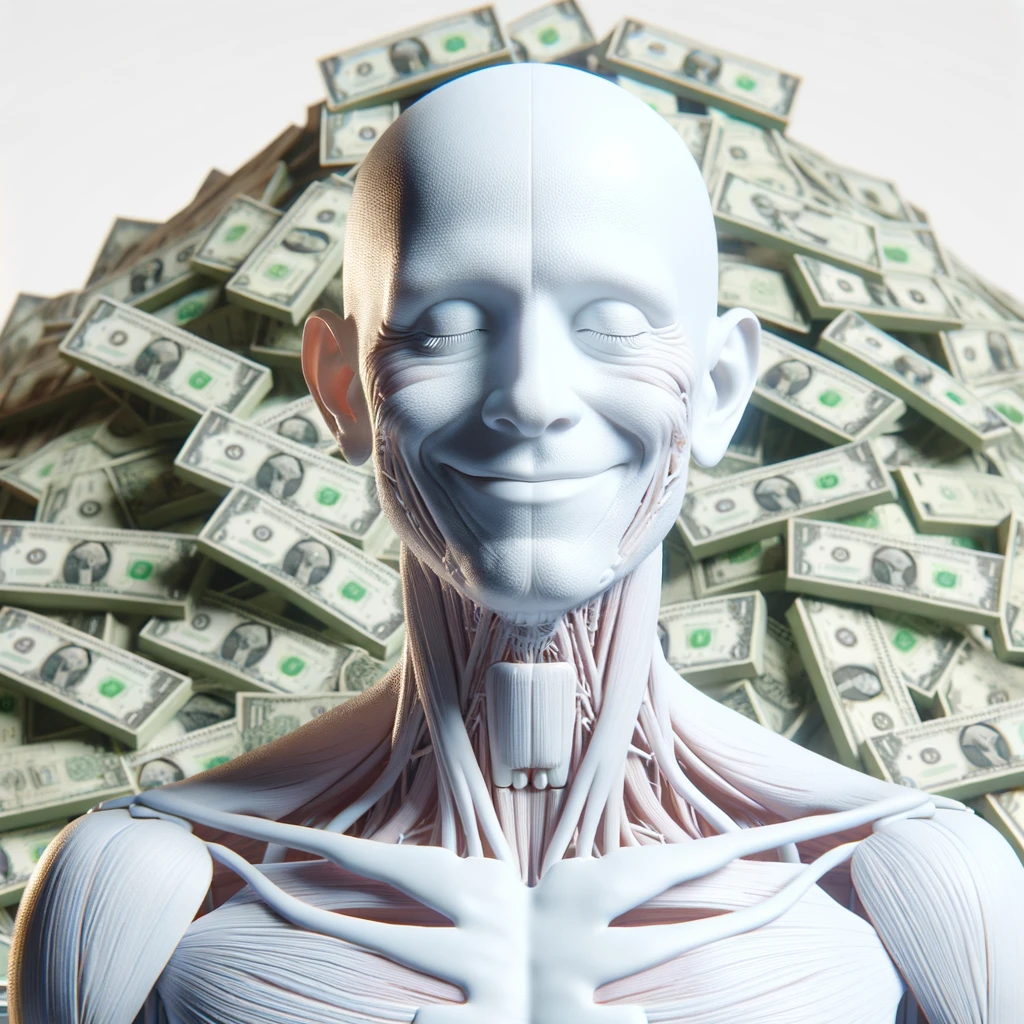 corpo umano anatomico sereno e felice con una montagna di banconote davanti, espressione stupita, iperrealistica 4k, isolato su sfondo bianco emoji