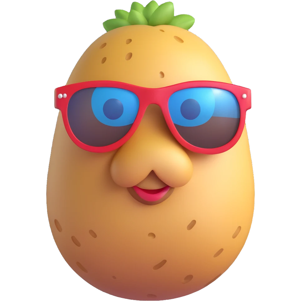 3D emoji style potato, wearing sunglasses, fun and playful emoji