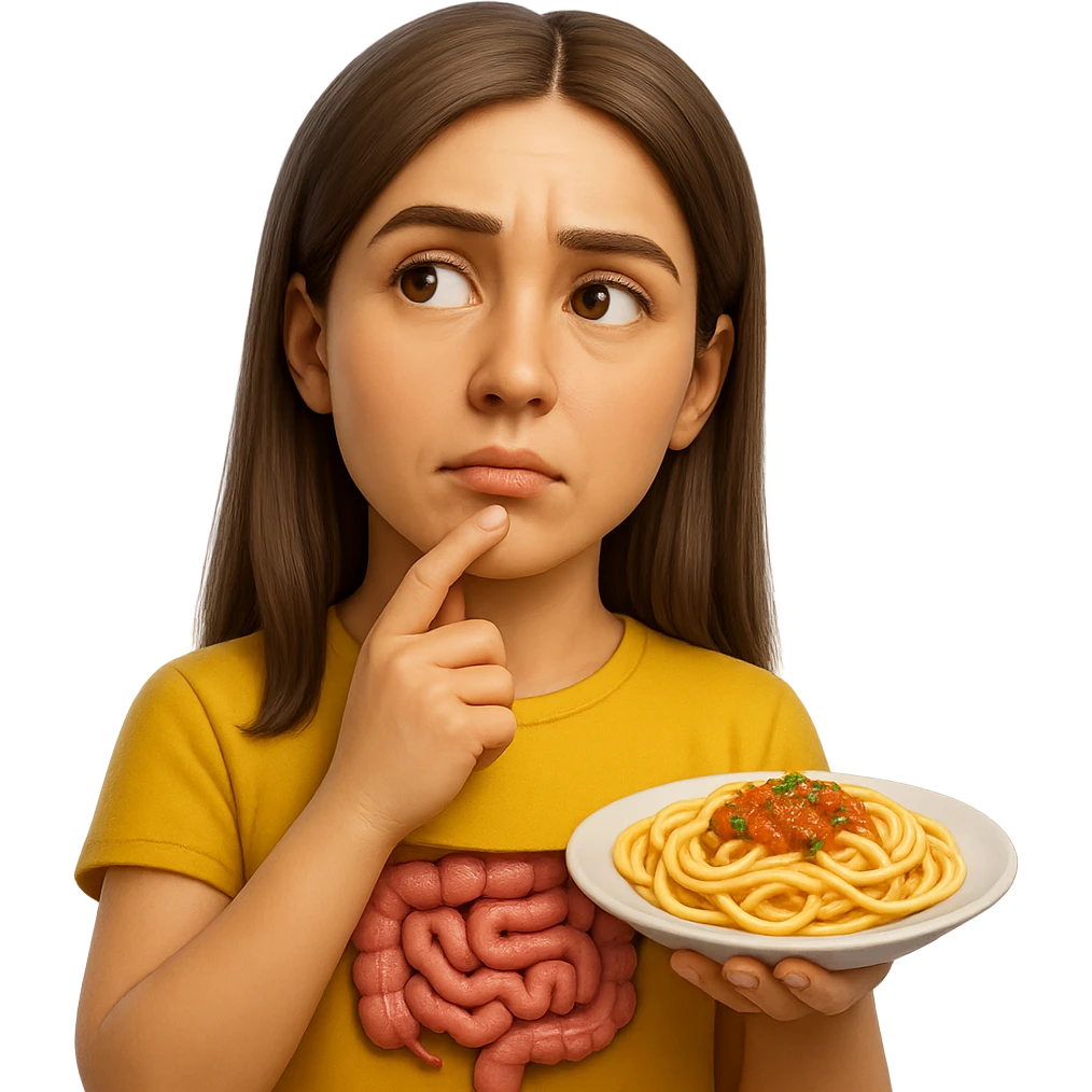 donna che guarda pensierosa con intestino in evidenza un piatto di pasta, stile emoji iphone, iperrealistico 4k emoji