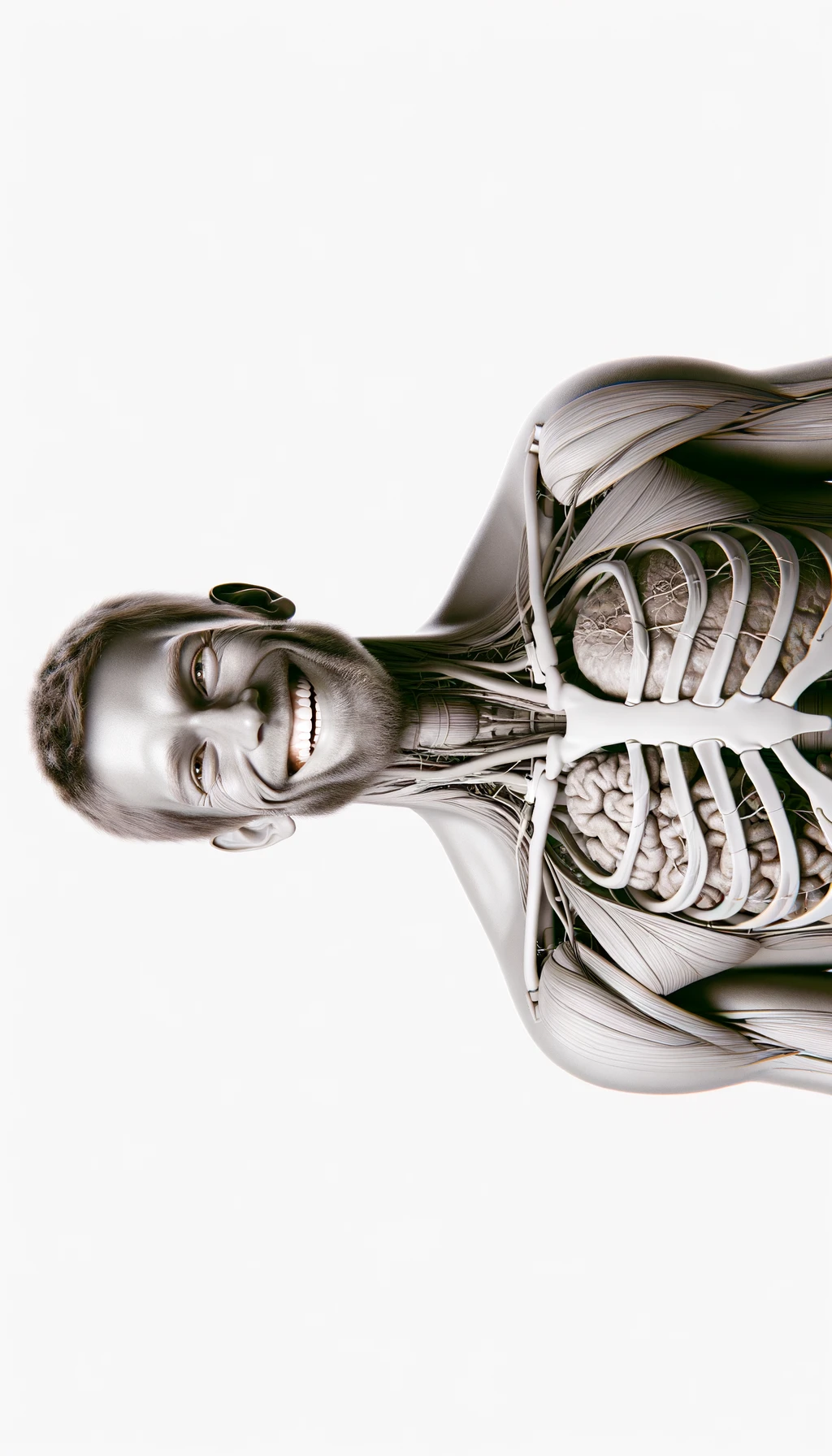 corpo umano anatomico a figura intera visibile fino ai fianchi che sorride rilassato, iperrealistico 4k, isolato su sfondo bianco emoji