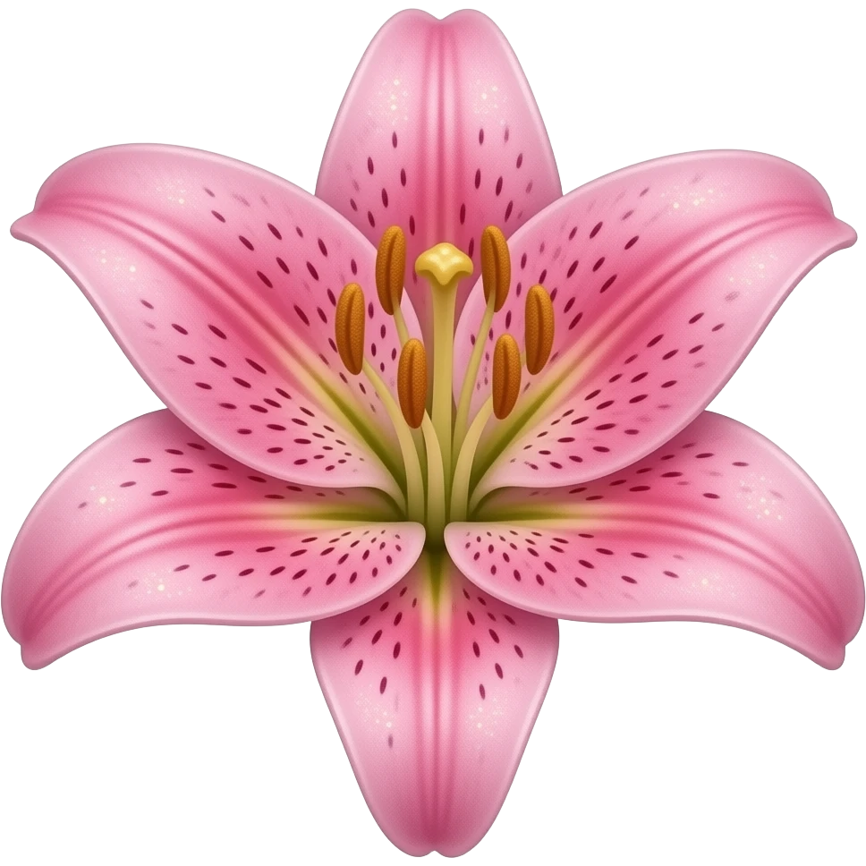 A pink lily in full bloom, featuring prominent golden anthers and delicate speckled petals with iridescent sparkles. The image has a whimsical, retro aesthetic with a shimmering glitter overlay and a clean, transparent background emoji