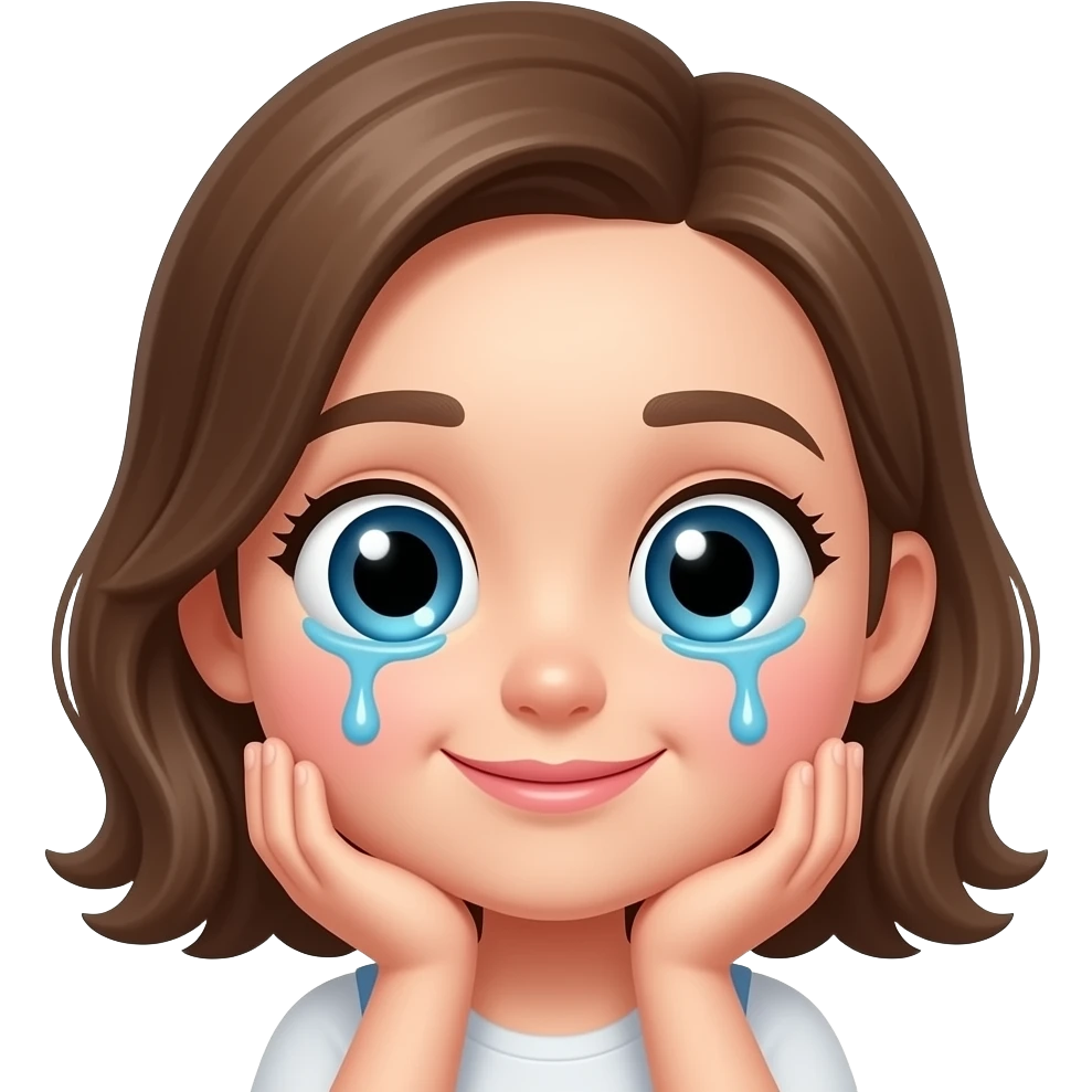 Cute 3D melting emoji, chin resting on both hands, looking at a girl with love, big shiny eyes, soft smile, Pixar style, aesthetic lighting, high quality 3D render emoji