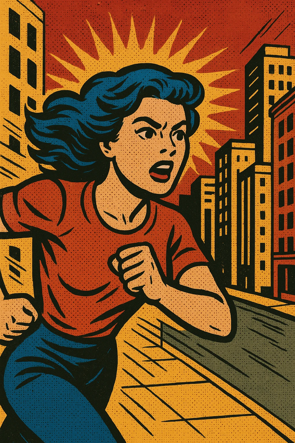 Woman with blue hair running in a city emoji