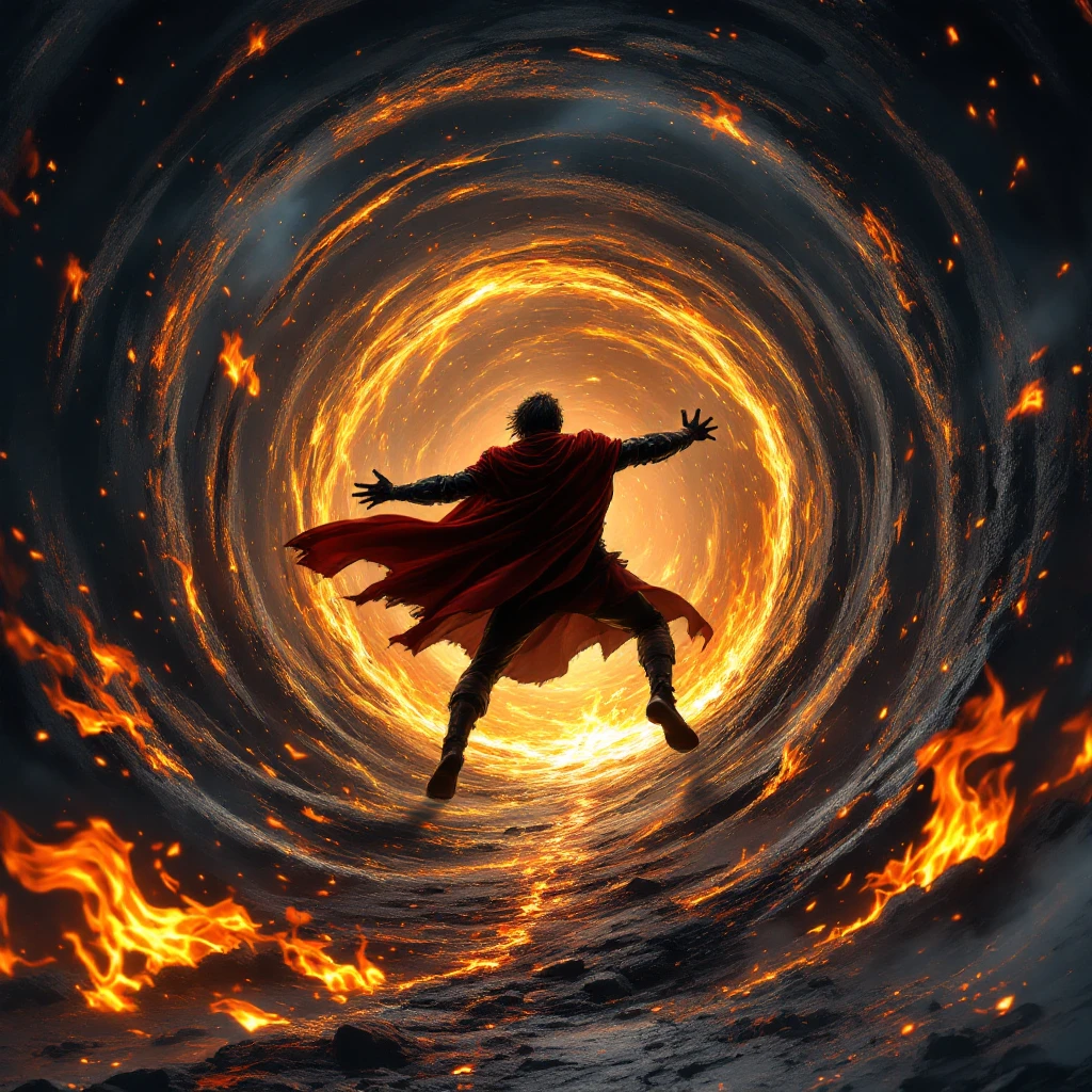A character being sucked into a magic portal to hell behind him. The portal is swirling with flames, not a tunnel, and not as tall as he is. The character is going in butt first, with hands and feet flailing last. Dramatic, intense, in Flux Pro style. emoji