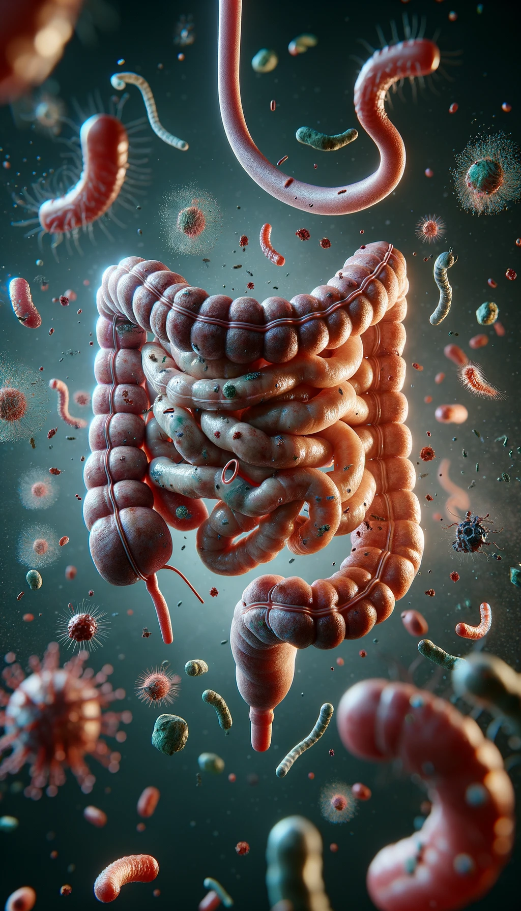 intestino umano realistico con batteri e parassiti che gli fluttuano intorno, iperrealistico 4k emoji