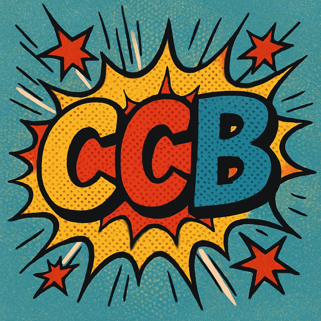 letters CCB in a vibrant, animated comic style, with action lines and colorful effects emoji