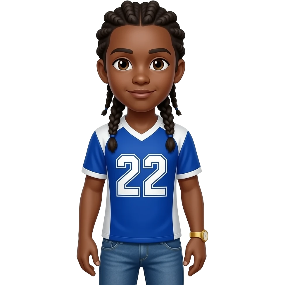 African American teenage boy with cornrow braids to the back wearing a blue and white jersey shirt with 22 on it wearing denim jeans wearing a gold watch emoji