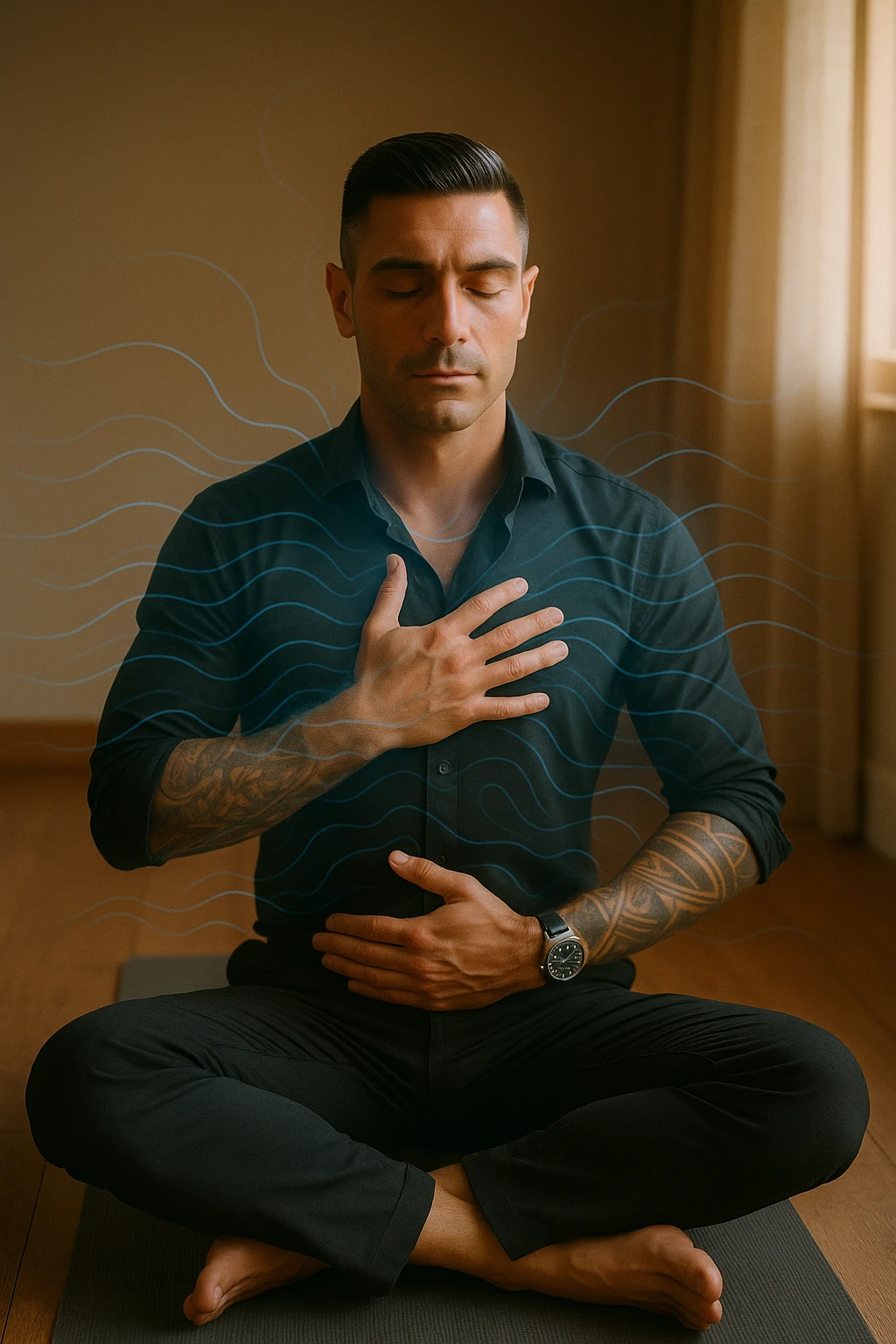 A highly realistic, cinematic portrait of a man in his early 30s with a calm, focused expression, sitting cross-legged on a yoga mat in a softly lit room. His eyes are closed, and he is performing deep diaphragmatic breathing, with one hand resting on his chest and the other on his abdomen, visibly rising and falling with each breath. A subtle glow or faint blue light outlines his body, symbolizing calm energy and nervous system regulation. Around him, faint symbolic waves or flowing lines in blue tones represent the breath calming the autonomic nervous system, while a soft warm light from a window illuminates his relaxed face. The atmosphere is peaceful and grounded, with warm natural tones and a clean, minimalist setting, evoking the feeling of inner calm and nervous system reset through conscious breathing. Style: 35mm hyperrealistic film photography, soft depth of field, warm lighting with clear focus on the man's peaceful face and breathing posture emoji