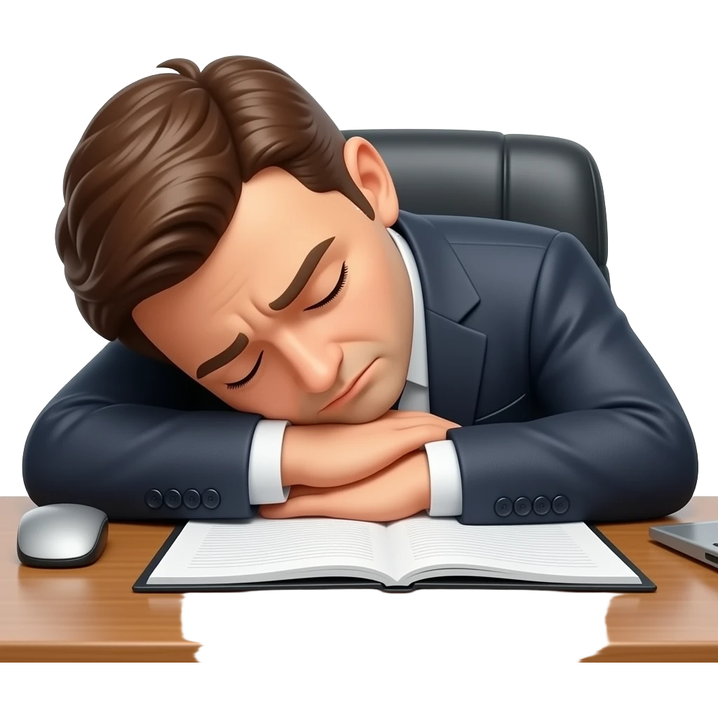 hombre con traje,exausto,sentado,reposandose en su escritorio,primer plano emoji