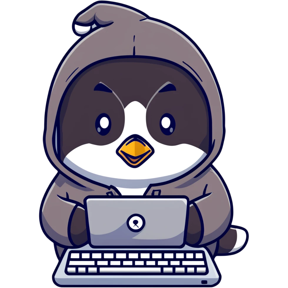 A cute penguin wearing a cozy hoodie typing on a computer keyboard emoji