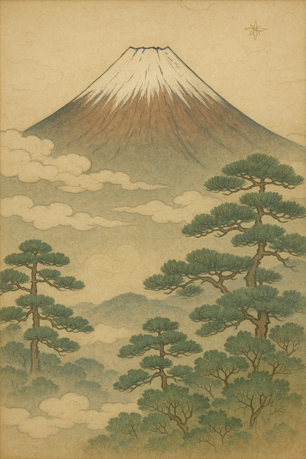 majestic Mount Fuji with clouds and pine trees in the foreground, tranquil atmosphere, soft color palette, gold detailing, nihonga style emoji