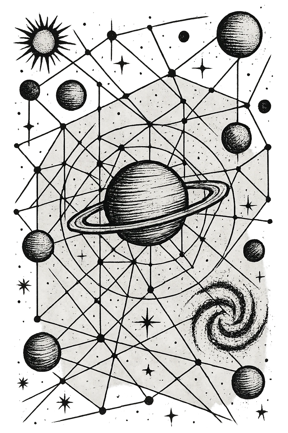 a design for an decorative black and white map, showing linework of galactic planets and a glalactic ley lines matrix map. black linework. proto-gothic "trashpolka" emoji