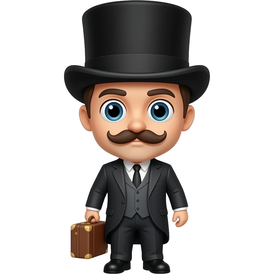A head only with a mustach and a tophat holding a suitcase emoji