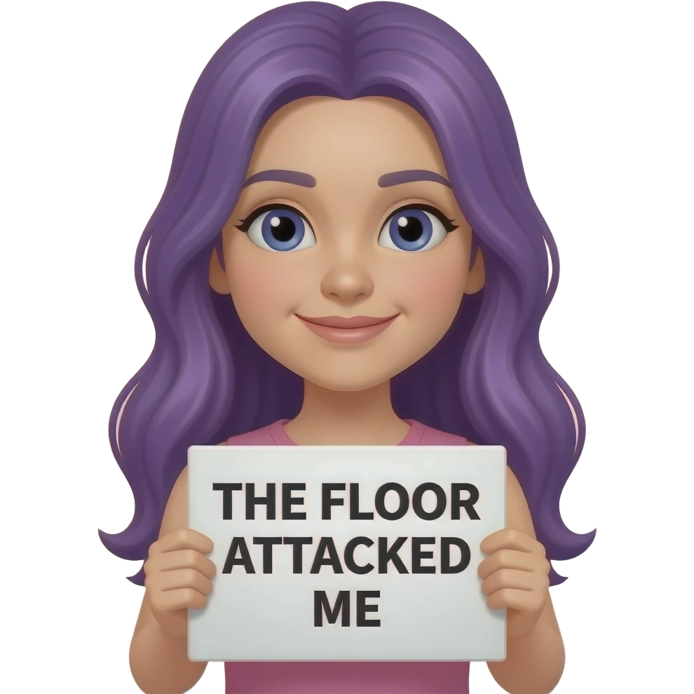girl with long purple hair holding a THE FLOOR ATTACKED ME sign emoji
