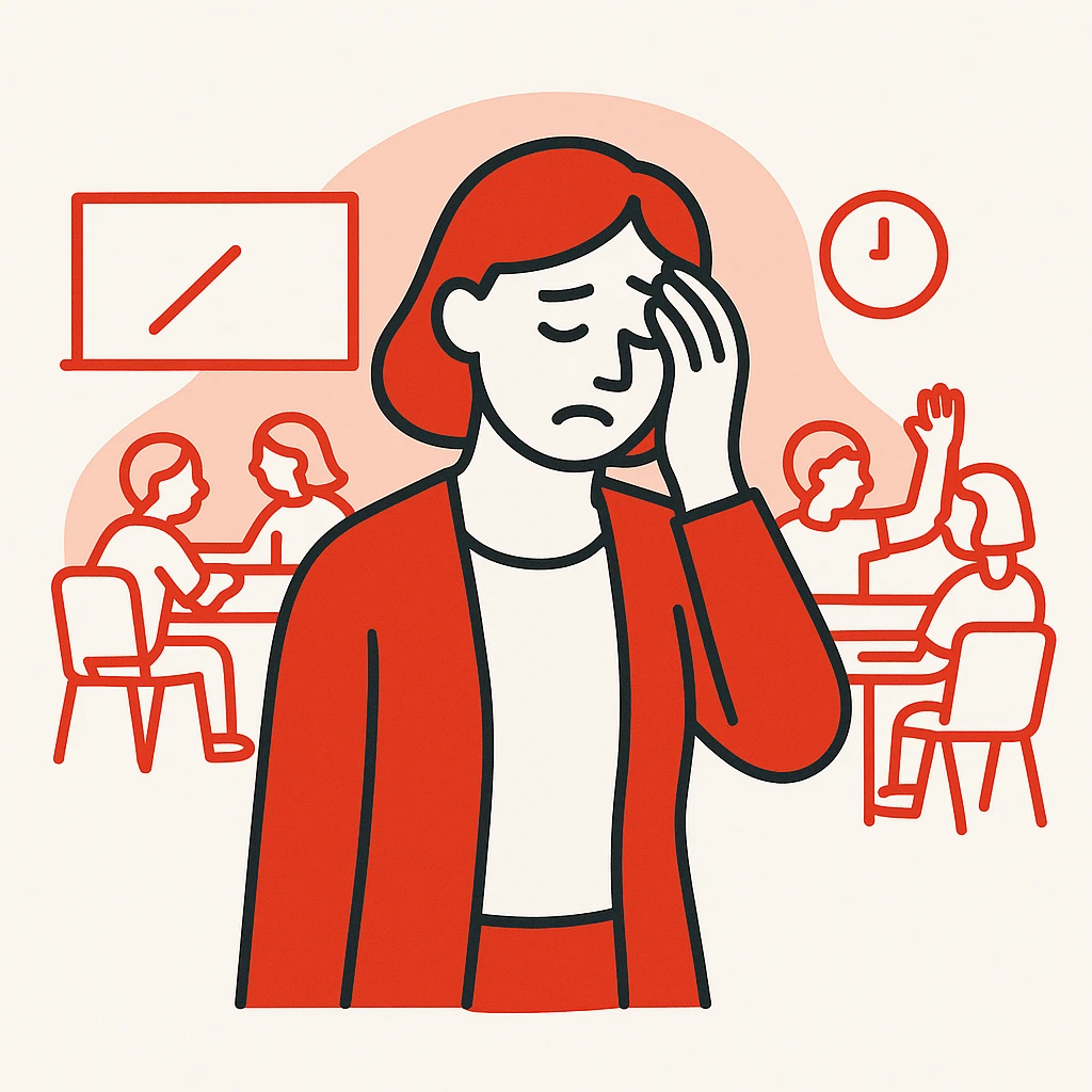 exhausted teacher in a bustling classroom emoji
