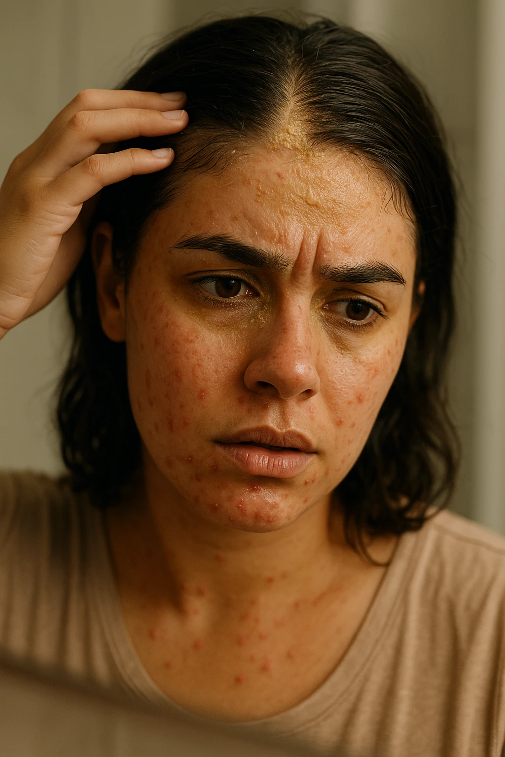 A highly realistic, cinematic close-up portrait of a young woman in her late 20s with medium skin tone, displaying visible folliculitis and seborrheic dermatitis. Small, red, inflamed follicular papules and pustules are scattered along her hairline, jawline, and upper neck, indicating folliculitis. Her scalp and areas around the nose and eyebrows show flaky, greasy yellowish scales, with redness and irritation, indicating seborrheic dermatitis. Her hair appears slightly greasy and clumps near the scalp, emphasizing excess sebum production. She gently touches her irritated scalp with concern while looking at herself in a softly lit bathroom mirror, expressing discomfort and frustration. The environment is neutral and clean, with daylight softly illuminating the scene to highlight the skin and scalp texture. The style is 35mm hyperrealistic, with warm neutral tones and shallow depth of field to maintain focus on her skin, inflammation, and emotional expression, visually explaining the physical discomfort and aesthetic concerns of living with folliculitis and seborrheic dermatitis emoji