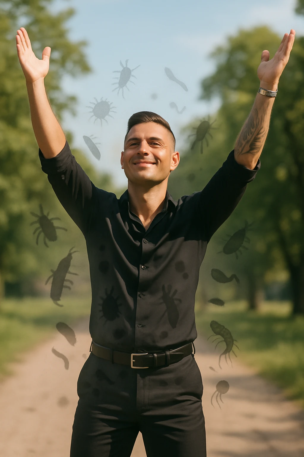 a man stands outdoors in bright sunlight, arms raised in relief and joy, while faint, shadowy silhouettes of parasites fall away from his body and dissolve into the air. His posture is upright and energetic, his expression serene and healthy. The background features green trees and a clear sky, emphasizing liberation and restored well-being. emoji