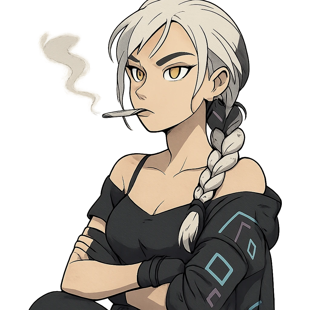  she has her arms crossed, smoking a cig, a closeup portrait of young woman with gold yellow eyes, white hair, long braid, black off-shoulder top d-cup, punk gothic style, futuristic cyberwave cyberpunk, sitting position
 emoji