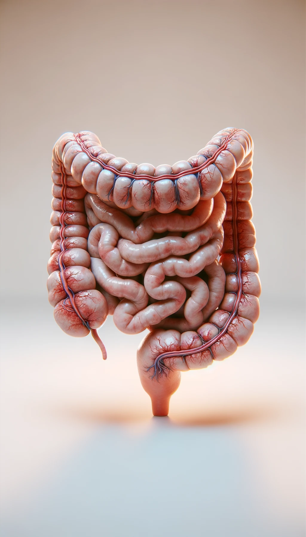intestino umano anatomico infiammato, sfondo neutro chiaro, iperrealistico 4k emoji