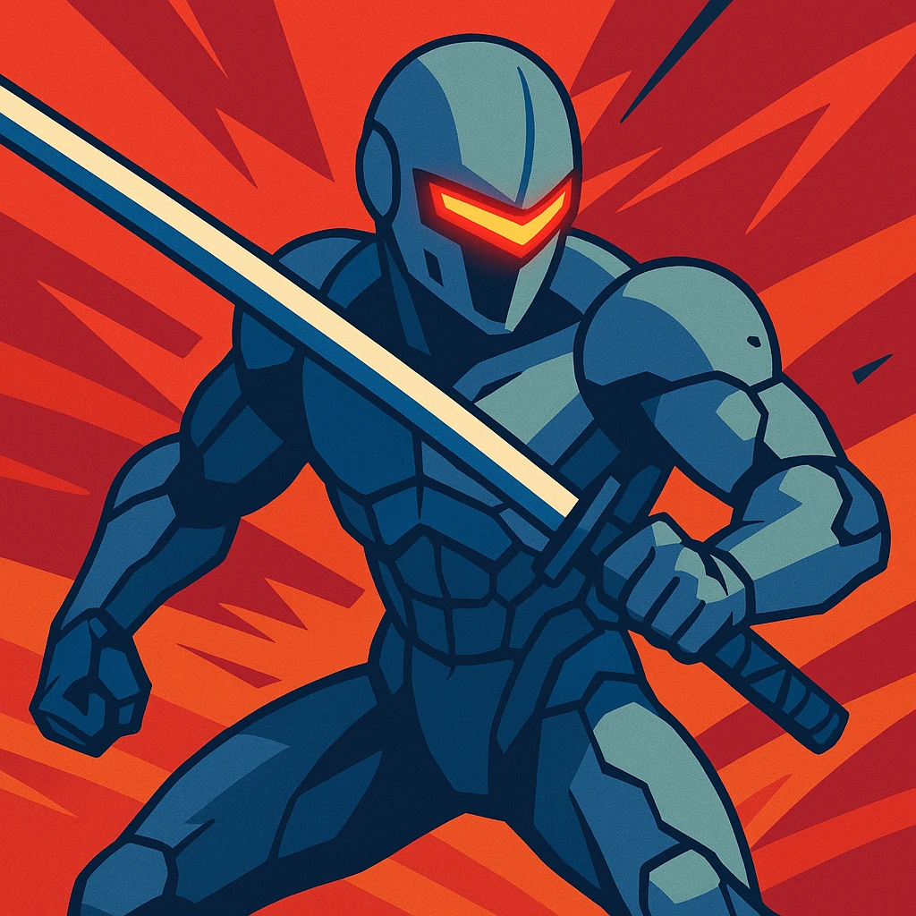 Grey Fox (Metal Gear Solid) with glowing red visor, holding a katana, action scene, stylized illustration emoji