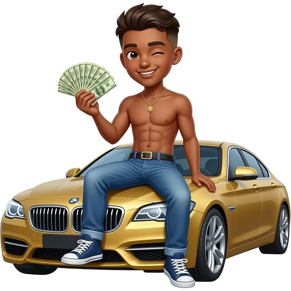 make a super hot brown skin colored high schooler with a brown low taper fade no shirt on with little abs sitting on top of a rich car holding a bunch of money winking emoji