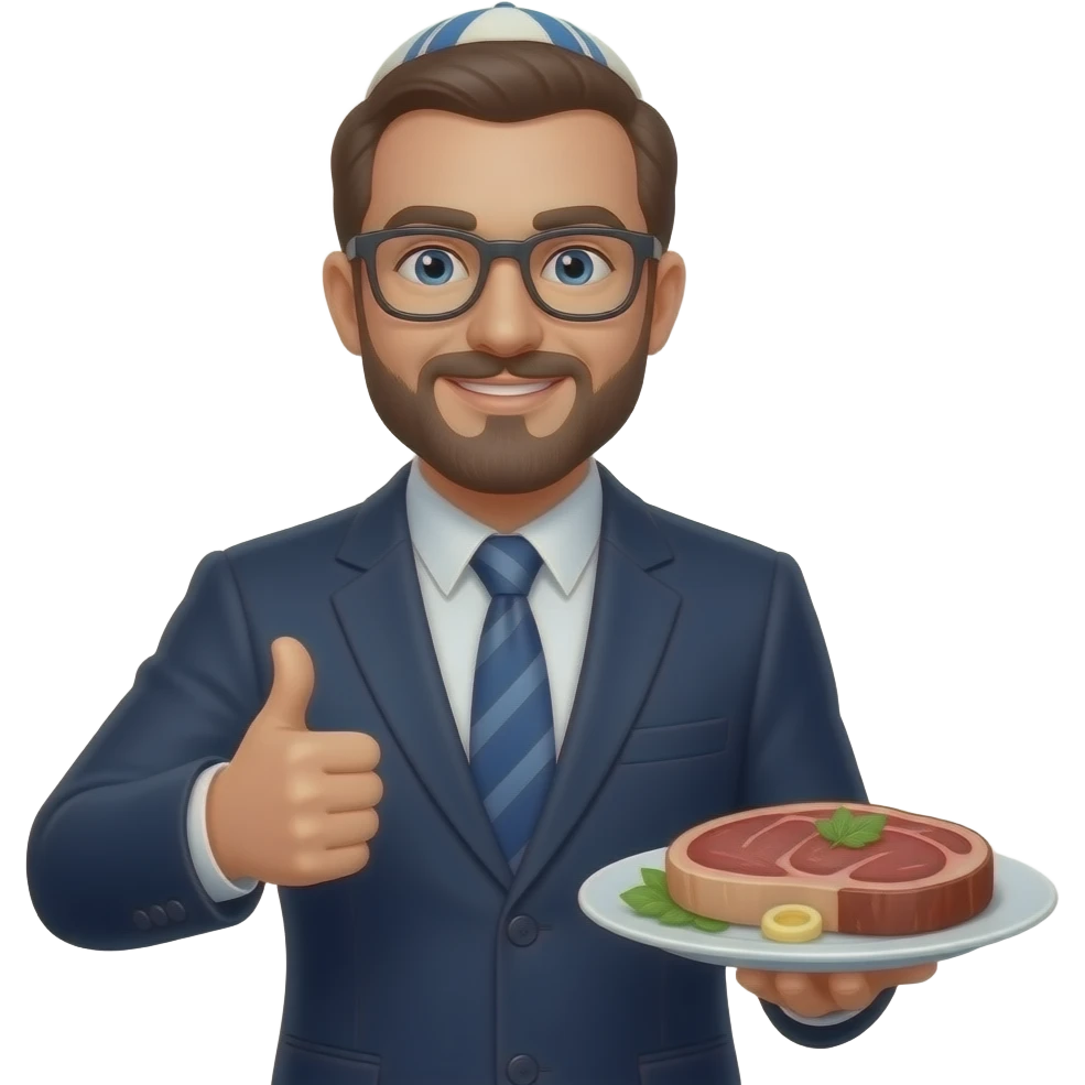 White man in nice suit with kippa and glasses full body giving thumbs up and serving a steak emoji