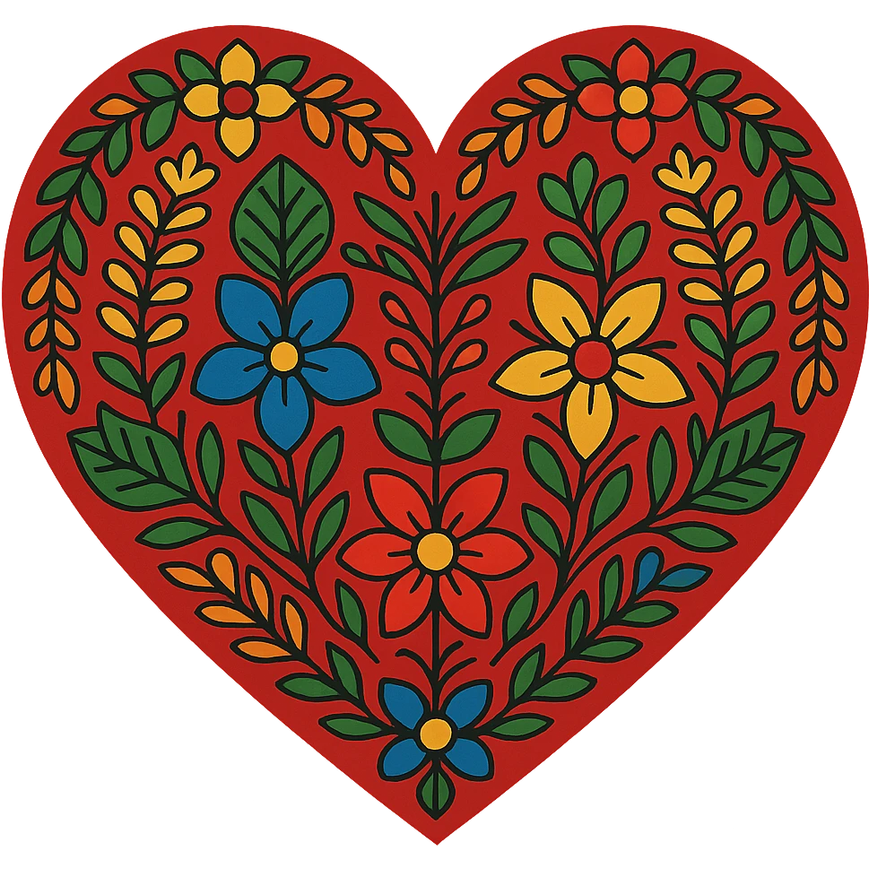 red heart with Slavic folk art, bold nature motif, bright folk colors, geometric flowers and leaves, border around heart emoji