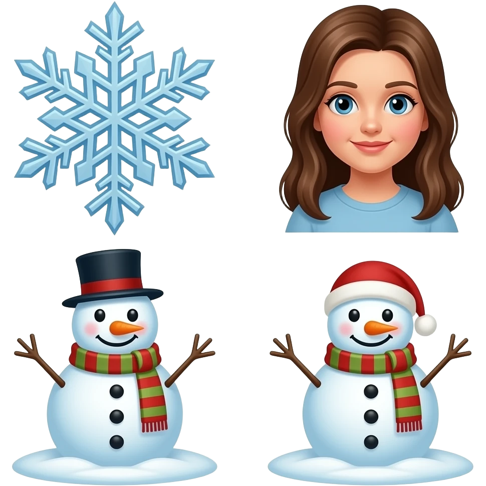 Give me 3 emoj's next to each other. 1. snowflake, 2 girls 3. snowman emoji