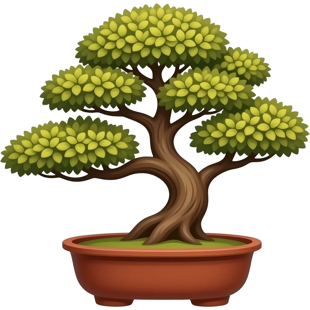 (Sharimiki) A short bonsai  horizontal in a short red clay vase, brown and yellow leaves. Simple SVG low poly style emoji