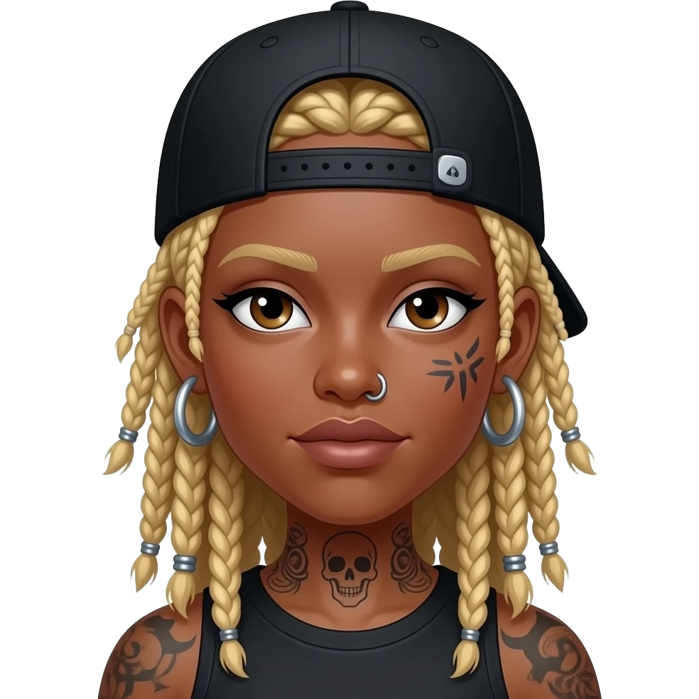 Black girl with blonde locs, hoop earrings, nose piercing, tattoos and black scull cap emoji