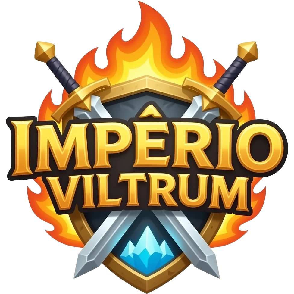 logo para guilda de rpg escrito IMPÉRIO VILTRUM com espadas de magia, ao redor da logo com fogo e gelo emoji