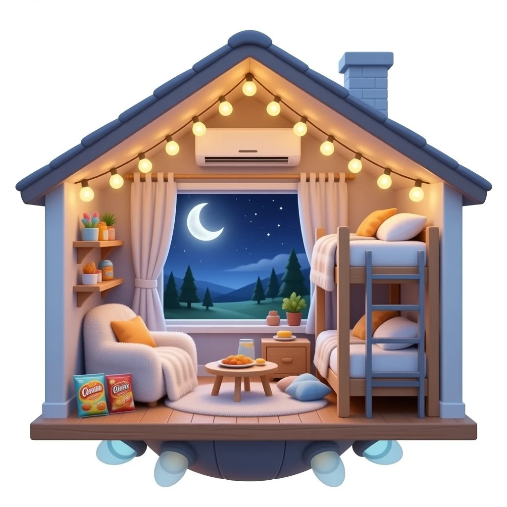 Yummy snacks and ldc lights  and cozy fuzzy blankets and a flying home  in night and a cozy moon and a big window and snacks and inside the house is flying and thers a aircon and a bucnk bed and it needs to be big front  view emoji