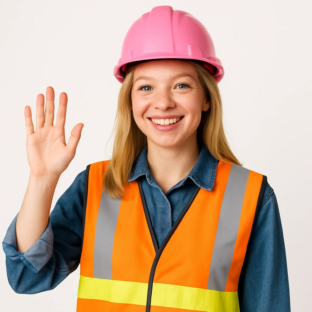 blonde girl construction worker, pink helmet, safety vest, waving, clean background emoji