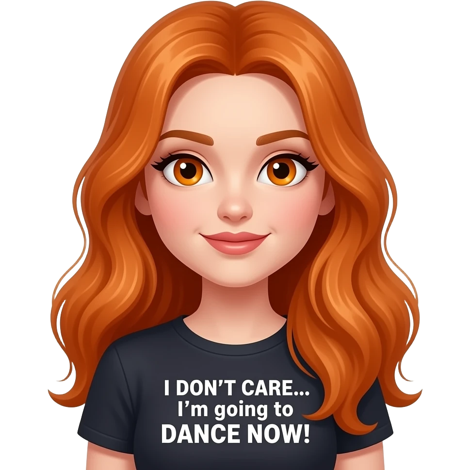 sexy girl with overlong ginger hair and ginger eyes a top with I DON'T CARE... I'm going to DANCE NOW! written on it emoji