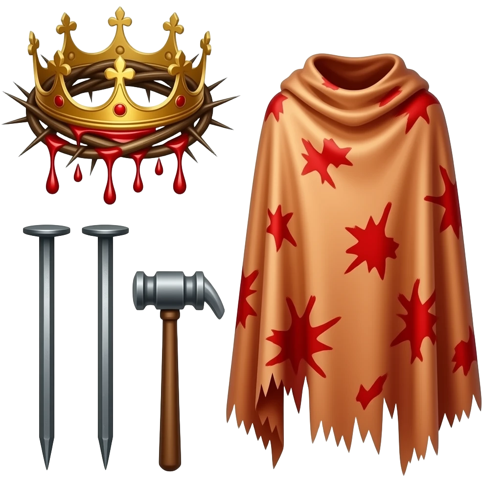 Crown of thorns with blood dripping from it with 2 iron spike like nails a mallet and red tattered shawl emoji