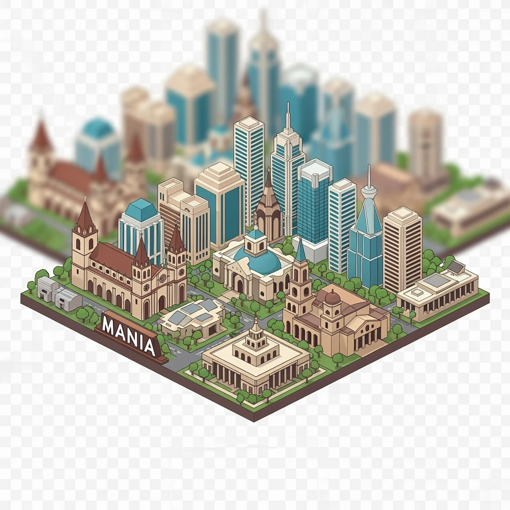 Isometric minimalistic illustration of Manila, subtle 3D miniature effect and Tilt Shift effect, no cartoonish look, transparent background. emoji