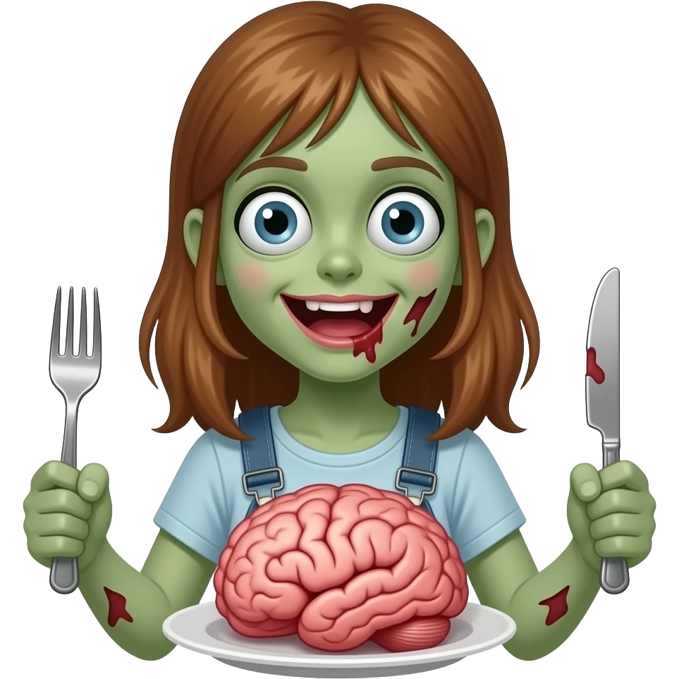 Girl zombiee eating his brains no smile bigger brain with fork and knife emoji