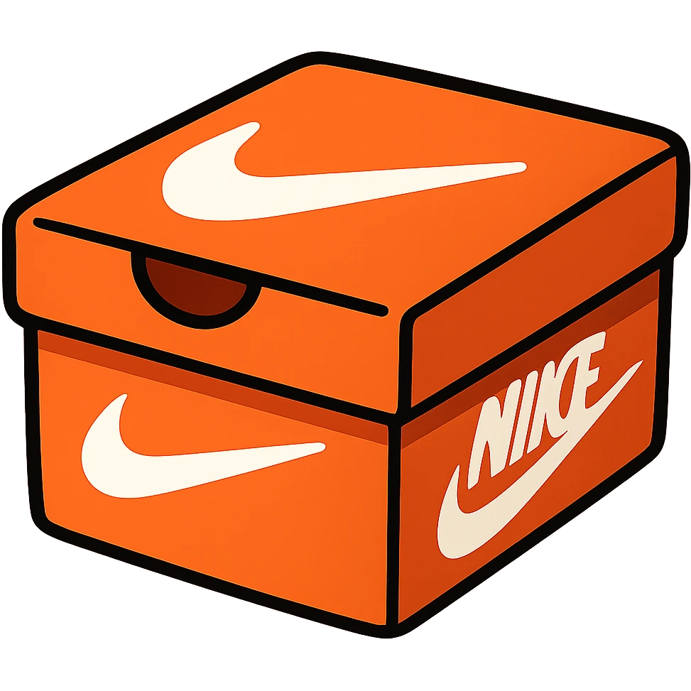 stylized cartoon Nike shoe box, bold orange color, white swoosh, playful proportions, transparent background emoji