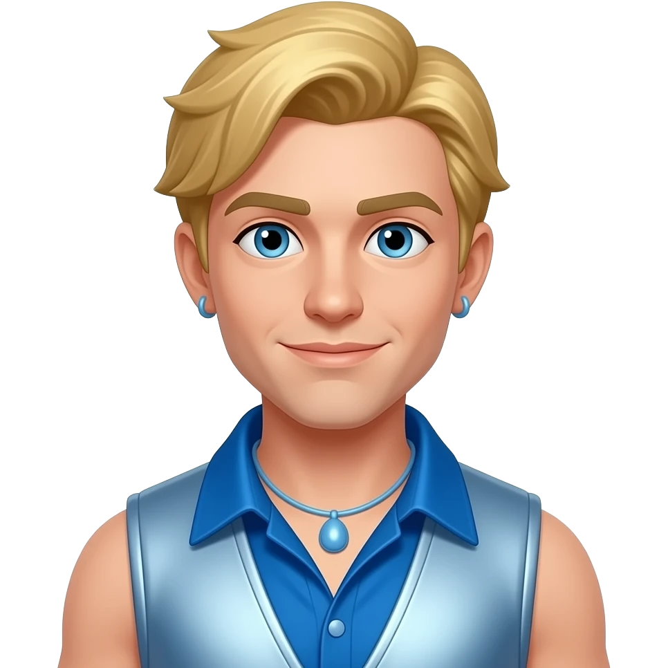 Jesse from 4*Town with white skin, blue eyes, blonde hair, cobalt blue metallic sleeveless shirt, light blue metallic vest, light blue necklace and short earrings emoji
