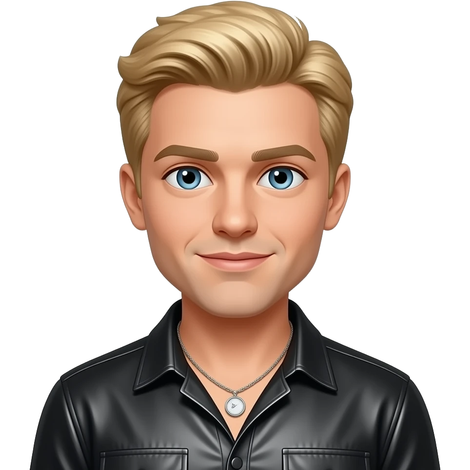 Ashley Parker Angel (Male Singer) from O-Town with blue eyes, blonde hair, black metallic shirt, necklace emoji