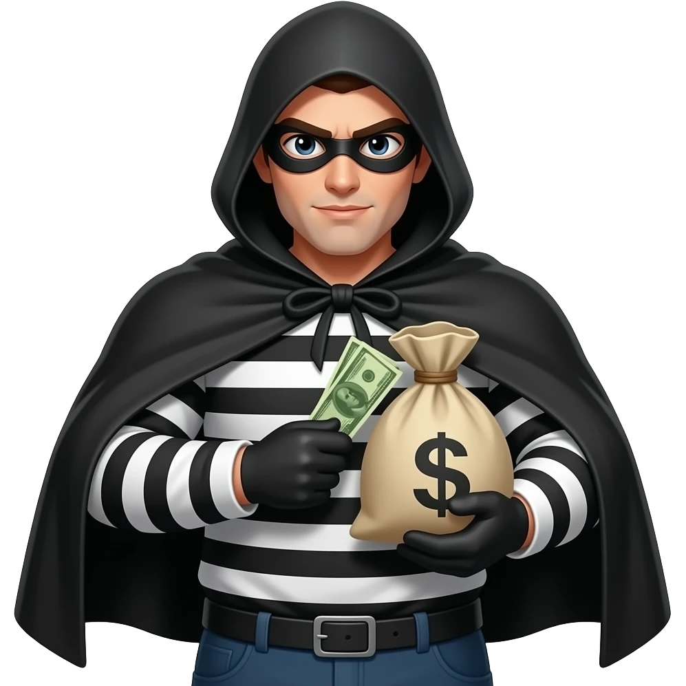 Quiero un emoji de un ladron sin capa negrasin capa remera de rayas blanco y negro con una bolsa de dinero en la mano emoji