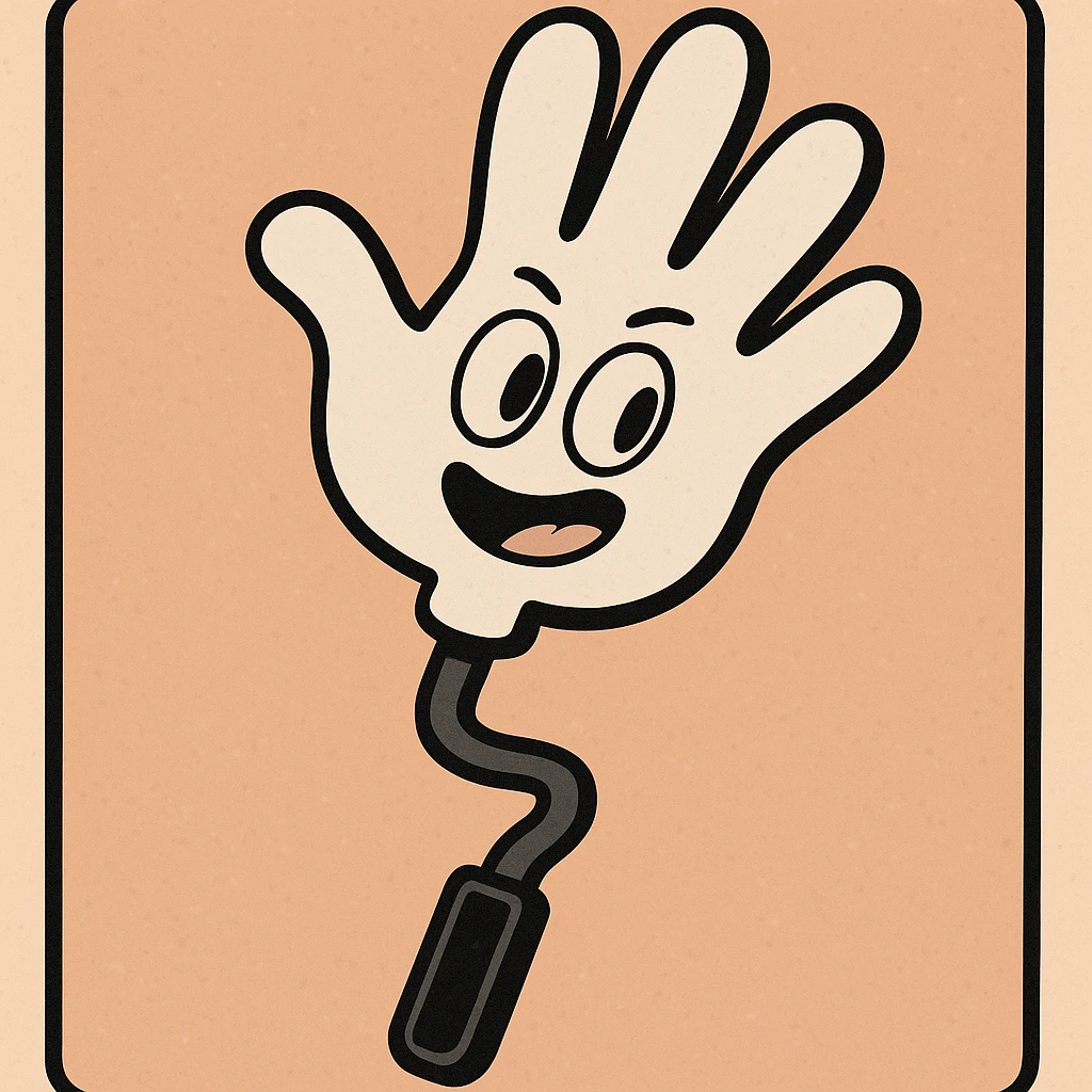 cartoon style plastic slap hand with white hand, black handle stick, black border emoji