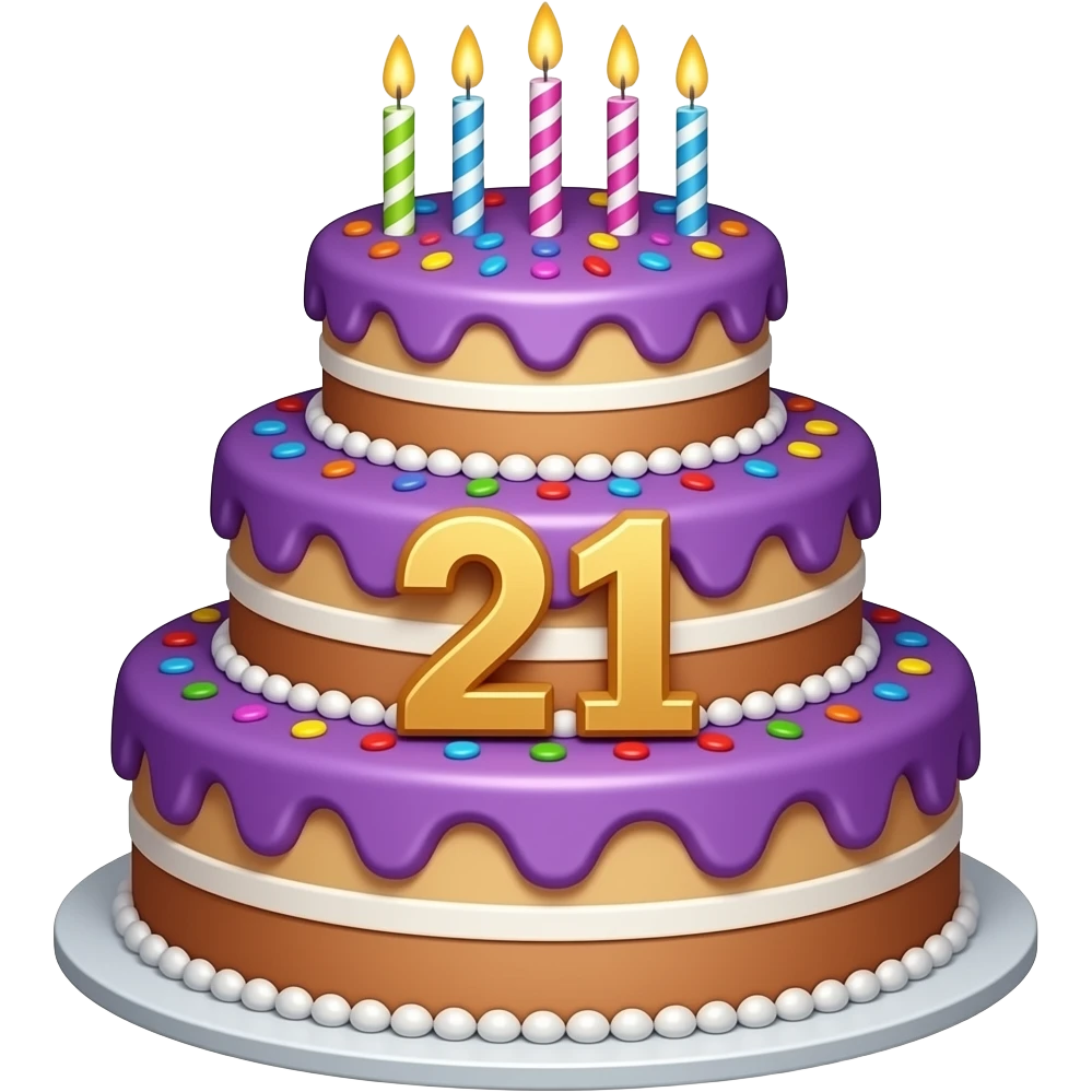 21st birthday cake colorful purple 4 tier with colorful sprinkles and candles on top emoji