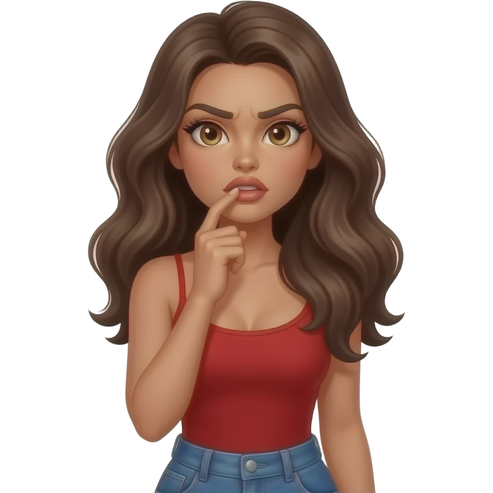 Fingers on lips and thinking looking up frustrated woman with tan glowy skin, hazel eyes almond with long lashes,, full lips, dark blonde flowing hair, delicate feminine sexy features, wearing a red tube top and blue jeans, confident and femenine and glam makeup. Intense seductive look. REALISTIC emoji