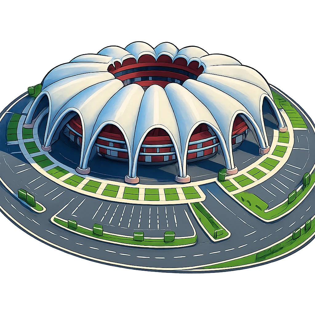 Изометричная, яркая, детализированная иллюстрация стадиона Rungrado 1st of May Stadium в стиле 3D-коллажей городов, насыщенные цвета, аккуратные линии, мультяшно-реалистичная стилистика. Чёткие контуры, прозрачный фон, высокое качество. emoji