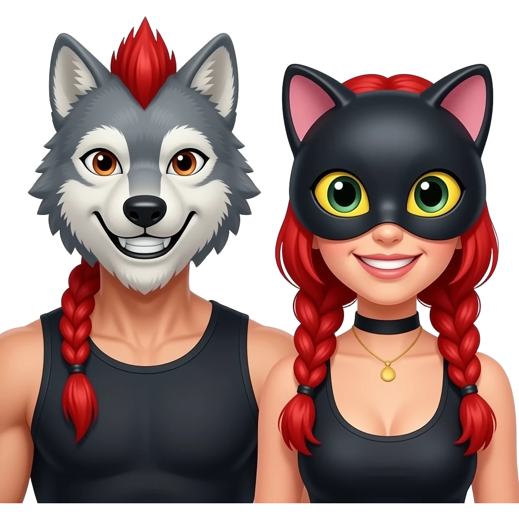 Two Humans with Wolf (male) and Cat (female) masks grinning slyly. Wolf is an athletic male, cat is a voluptuous female. Wolf has a long red braid and a Mohawk, while the female cat has red hair braided in two. In the style of a video game "The Wolf Among Us". emoji